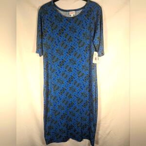New With Tags LuLaRoe Julia Midi Blue Dress W/Yellow & Green Pattern Size Large